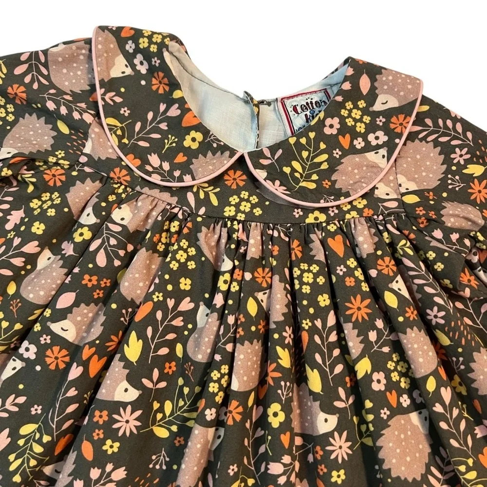 Cotton‎ Kids Hedgehog Print Baby Dress 3M Peter Pan Collar Fall Floral Rare